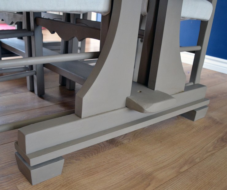 Kitchen table makeover from orange pine disaster to farmhouse chic harvest table with annie sloan Coco and a pickling stain top.