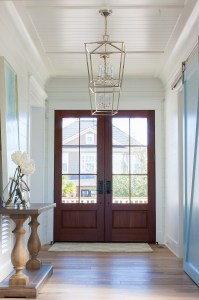 coastal contemporary, chic coastal, home tour, foyer, front entrance, shiplap, barn door, lantern lighting, lantern fixtures, contemporary, double doors, french doors