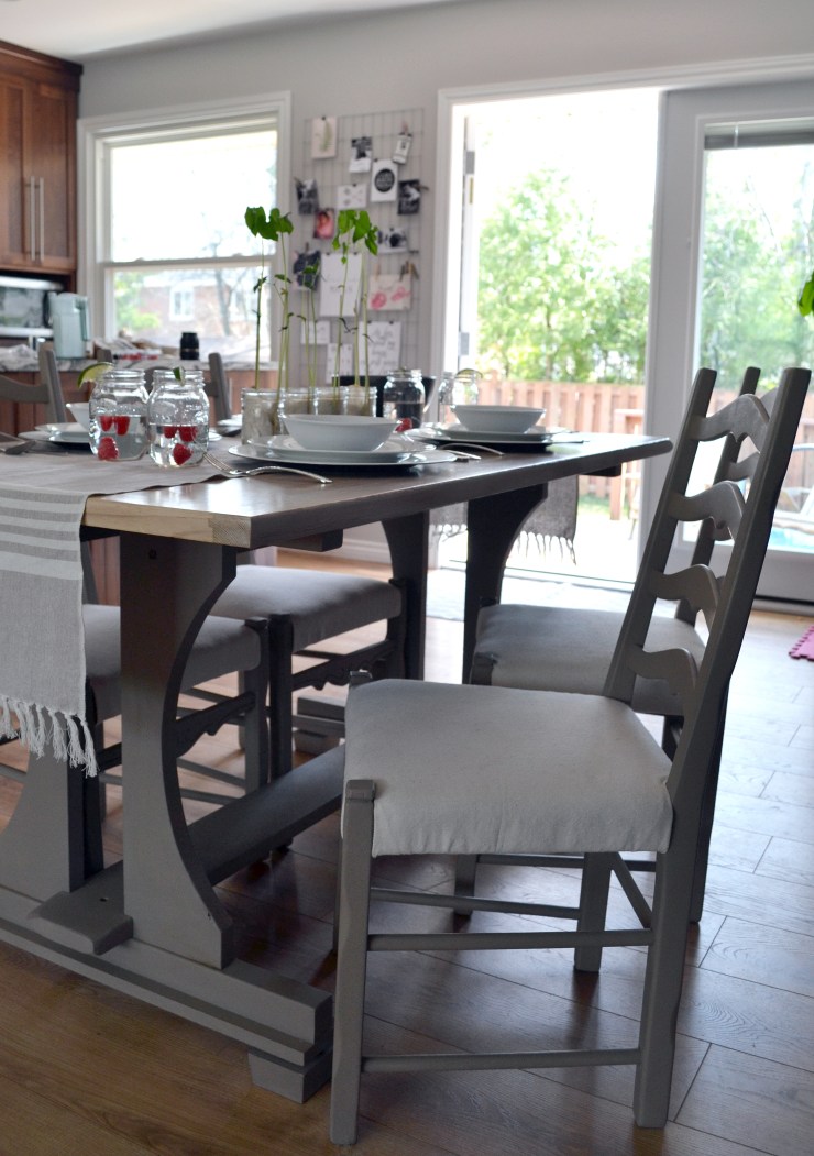 Kitchen table makeover from orange pine disaster to farmhouse chic harvest table with annie sloan Coco and a pickling stain top.