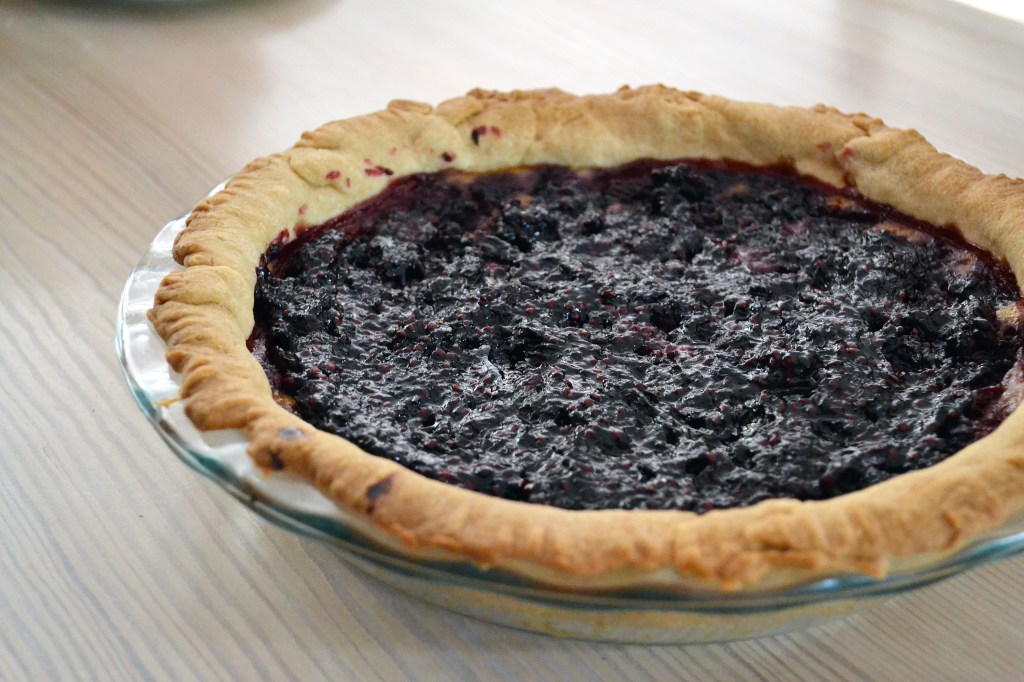 blackberry custard pie with a blackberry reduction sauce