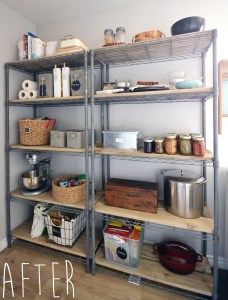 Rustic farmhouse pantry shelving makeover from basic wire shelving