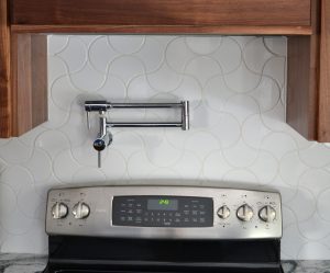 fish scale tiles, ogee tile, ogee drop, The Crux, backsplash, grey granite, walnut cabinetry