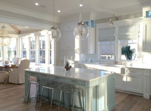 coastal contemporary, chic coastal, home tour, kitchen, kitchen island, globe lighting, pastel island, custom millwork, coastal kitchen