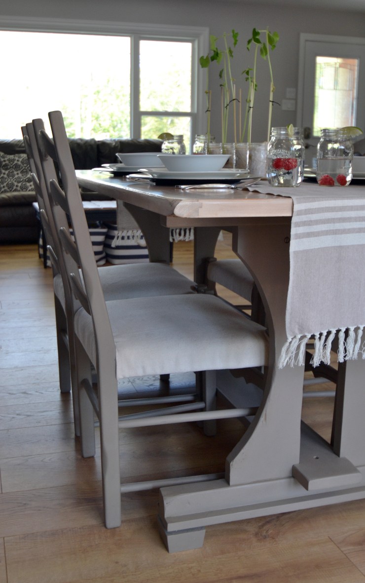 Kitchen table makeover from orange pine disaster to farmhouse chic harvest table with annie sloan Coco and a pickling stain top.